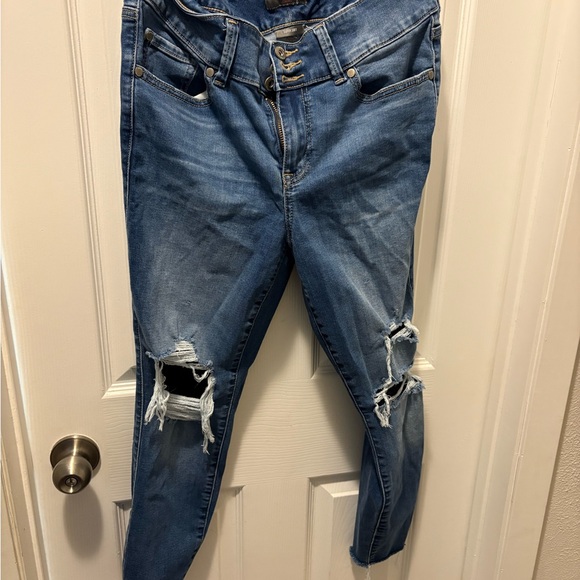 Torrid Women's Blue Distressed Jeans with Lace Detail - Picture 2 of 5